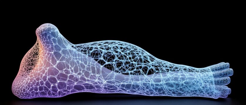 3d human body model with blue and purple network technology wireframes and high fidelity details
