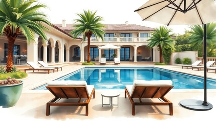 Fototapeta premium Luxury Poolside Villa with Palm Trees and Stunning View