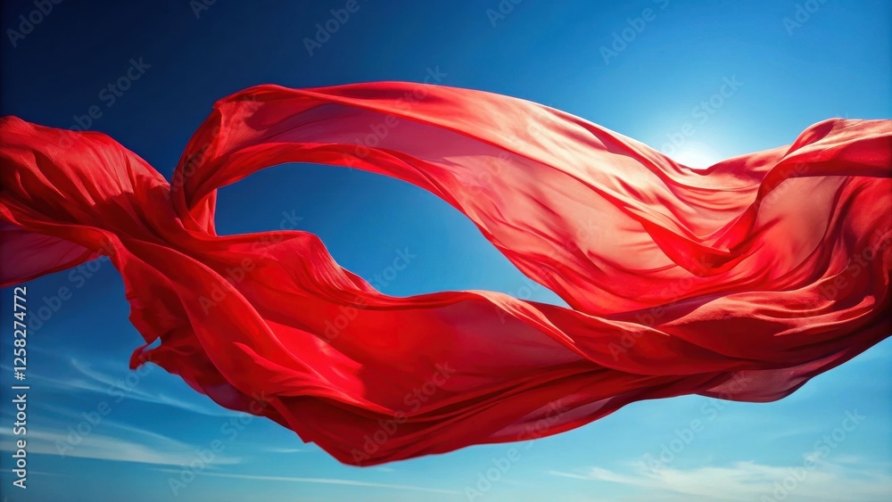 Poster crimson fabric billows in a vibrant summer sky, creating a dramatic and elegant display of movement 