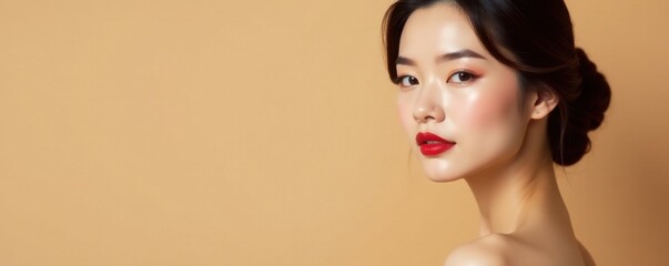 Elegant Asian woman with makeup and luxury charm against beige background , luxury, asian