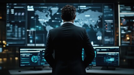 Man reviewing global data, control room, night, security