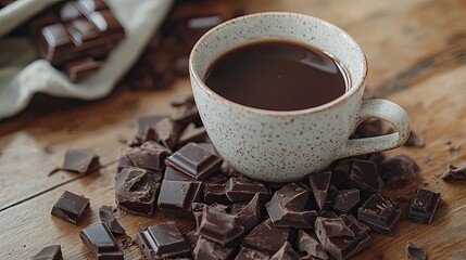 Coffee cup on a wooden table surrounded by rich chocolate pieces, creating a cozy and indulgent atmosphere.