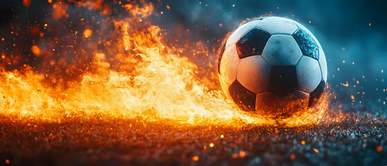 Fototapeta premium Fiery soccer ball rolls, field background