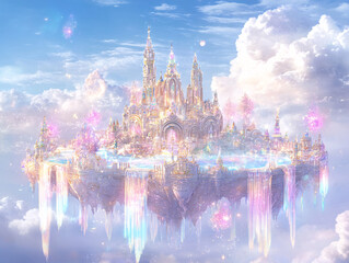 Obraz premium a surreal, whimsical castle floating in the sky amidst a backdrop of fluffy clouds. The castle is adorned with vibrant, iridescent colors and sparkles, giving it a magical and ethereal appearance.