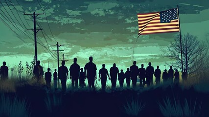 Colorful Silhouette of a Diverse Business Team Against a USA City Skyline Vector Illustration - Powered by Adobe