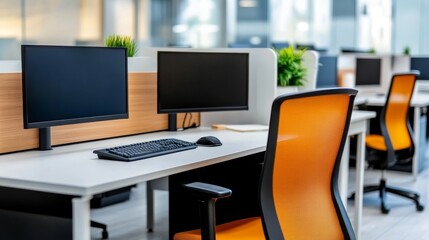 Modern office workspace featuring dual monitors and ergonomic chairs with greenery in the background