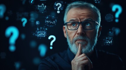 Contemplative man surrounded by digital question marks and data