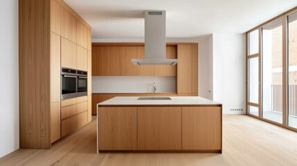 Modern minimalist kitchen with wooden cabinetry and island