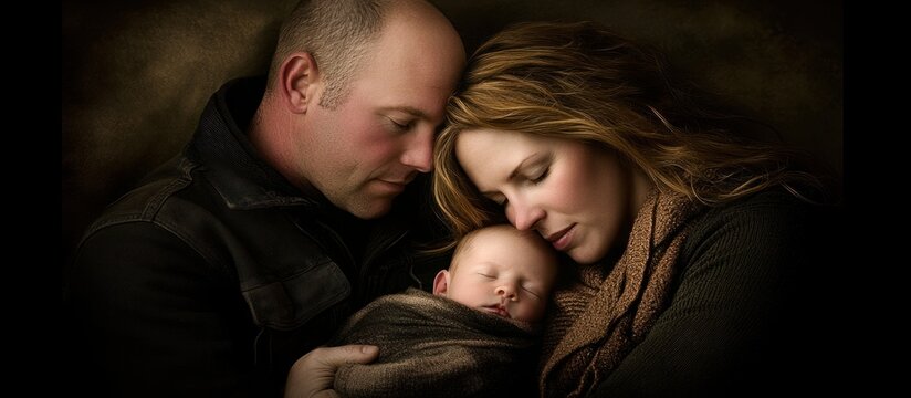 Family portrait parents cuddling newborn, dark background, studio