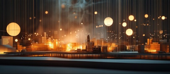 Obraz premium Illuminated city model, glowing orbs backdrop, nighttime scene, advertising