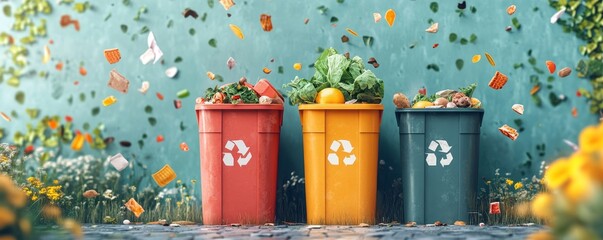 three different colored recycling bins with food waste in them. The bins are all different colors, but they all have the same symbol on them. The bins are set against a green textured wall.