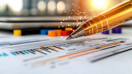 golden pen hovers over financial documents with charts and graphs, symbolizing economic analysis and credit assessment. scene is illuminated by warm light, adding sense of focus and precision