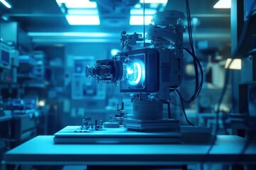 Fototapeta premium Advanced lab microscope research, glowing screen, futuristic facility