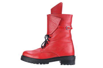Stylish red boots with unique design showcased on a white background