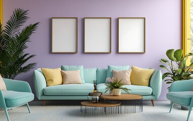 Pastel living room mock-up three frames above teal sofa