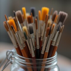 A collection of artist paintbrushes with various bristle types and handle colors neatly arranged in a transparent glass jar for easy access and organization