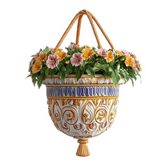 Planters with ornate patterns in oriental style. A bright flower grows in a bright and colorful planter. The picture is isolated on a white background.