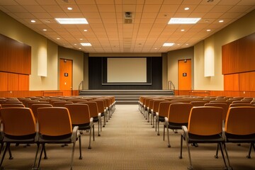 Empty auditorium; presentation screen, rows of seats, subtle lighting, corporate event