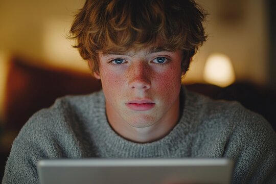 Young Caucasian man using tablet computer