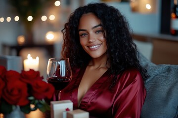 A delightful scene featuring a woman in a satin robe, savoring a glass of red wine, amidst a cozy ambiance with candles and roses creating a romantic setting.