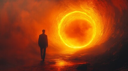 A man walks through a tunnel with a large orange hole in the middle