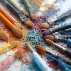 Fototapeta premium An array of colorful paintbrushes with vibrant splashes of paint on a white background symbolizing the diversity and creativity of artistic tools