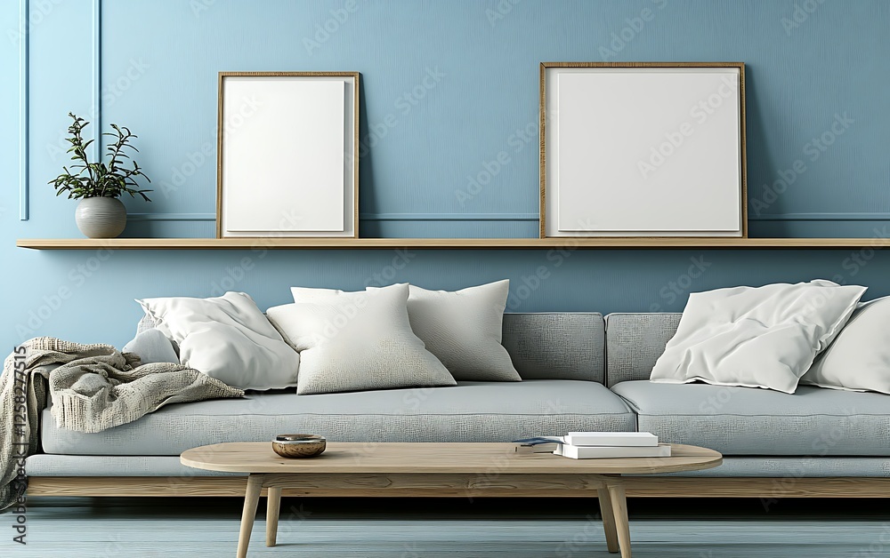 Canvas Prints Modern living room, blue walls, sofa, frames, coffee table, mockup