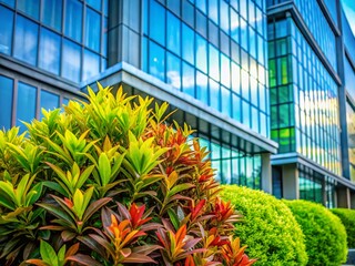 Fototapeta premium Mirra Plant Architectural Photography: Lush Green Leaves and Modern Building