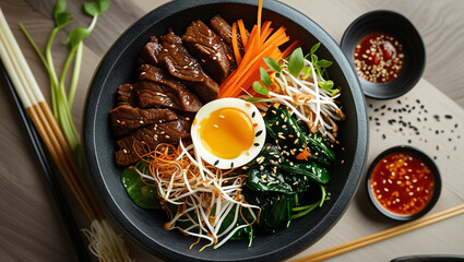 Korea - Traditional Korean Bibimbap with Fresh Vegetables, Marinated Beef, and a Perfect Egg Yolk