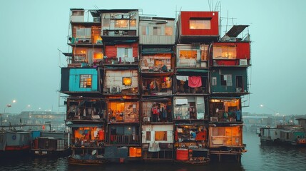 Fototapeta premium Luxury towers overlooking impoverished neighborhoods, stark contrast of wealth and poverty, vibrant city life, social disparity, urban landscape, architectural grandeur against backdrop of struggle