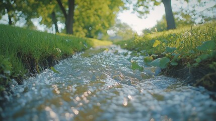 Fototapeta premium Stream flows through park, sunlight, green grass, trees