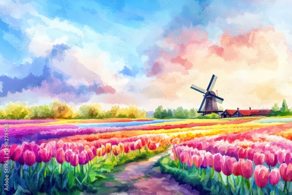 Aufkleber vibrant tulip fields under a painted sky with a windmill glowing in springtime colors. generative ai