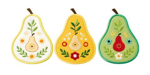 Embroidered Pear Patch Sticker on White, Fun Fruit Design Accents, PNG Transparent