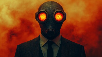 A man in a suit and tie with a gas mask on his face