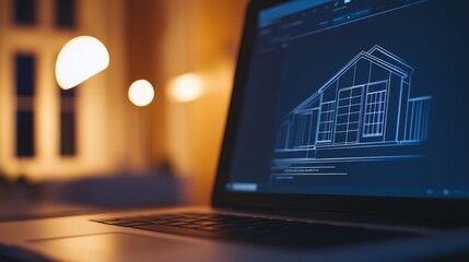 Detailed architectural blueprint displayed on a laptop, with warm indoor lighting and soft bokeh