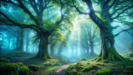 Fototapeta premium Misty Rhoen Forest: Double Exposure Mystic Scene