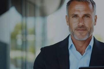Fototapeta premium A close-up of a confident businessman in a formal suit, showcasing determination and professionalism, with a blurred background suggesting an urban office environment.