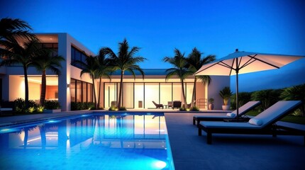 Luxury Modern Villa Night Poolside Scene