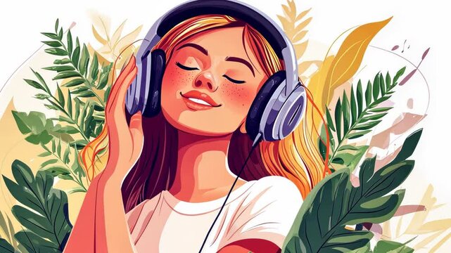 Brunette Woman Listening to Music in Colorful Animated Illustration