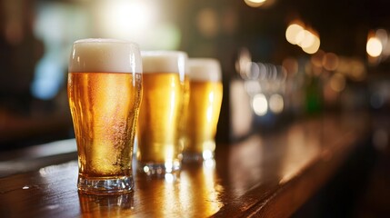 Refreshing Green Beer Glasses on Wooden Bar with Golden Light Reflection