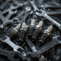 Obraz premium Spark plugs and wrenches arranged in a dark industrial setting highlighting precision engineering and automotive maintenance