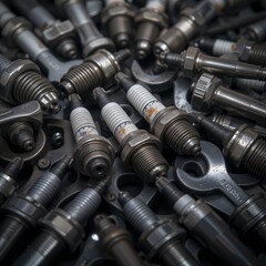 Spark plugs and wrenches arranged in a dark industrial setting highlighting precision engineering and automotive maintenance
