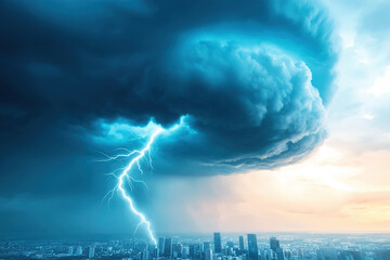 Fototapeta premium dramatic storm cloud swirls over cityscape with striking lightning bolt