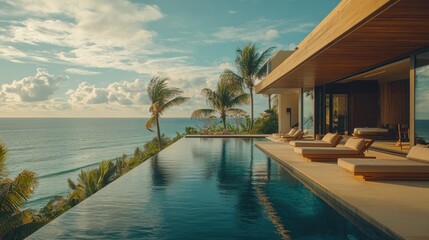 Fototapeta premium Oceanfront villa infinity pool sunset luxury resort