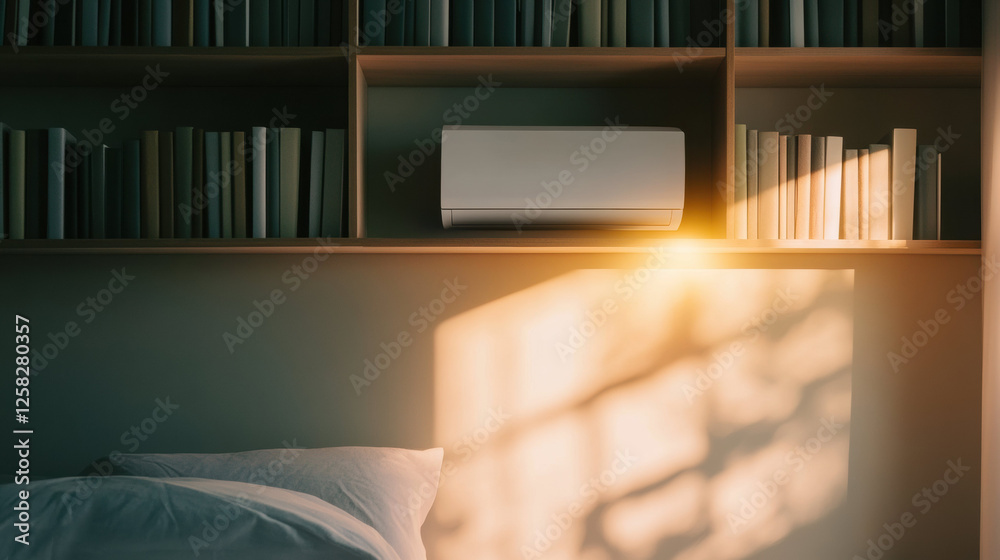 Aufkleber wall mounted air conditioner is installed above bookshelf, with sunlight streaming through window, c