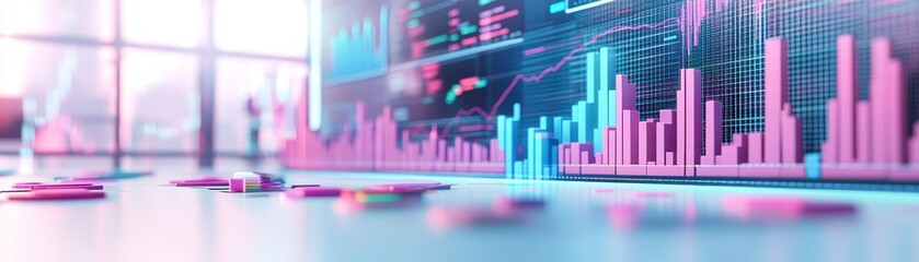 A futuristic data analysis scene featuring vibrant graphs and charts, illustrating financial trends and digital technology.