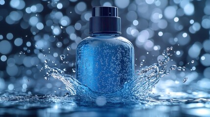 Blue cosmetic bottle splashing water, bokeh background