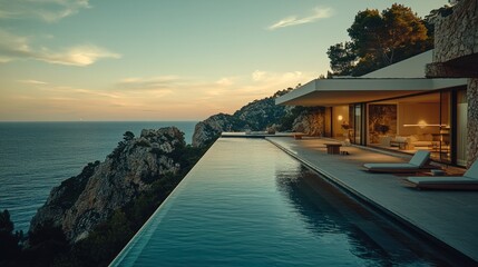 Fototapeta premium Cliffside villa infinity pool sunset luxury real estate