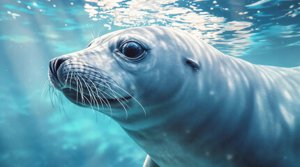 Obraz premium Curious sea lion exploring underwater