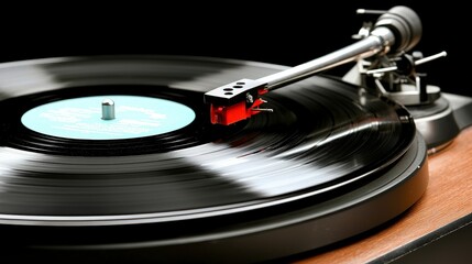 Vintage Turntable Playing a Classic Vinyl Record on Black Background